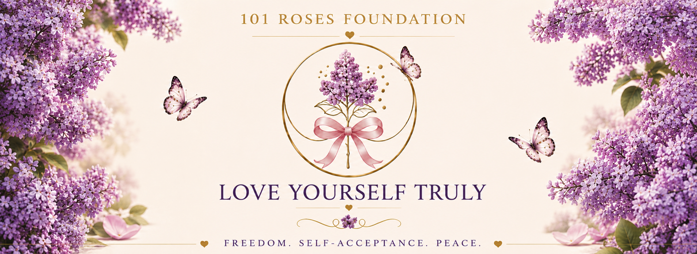 Love Yourself Truly banner with lilacs representing self-worth, confidence, and personal growth